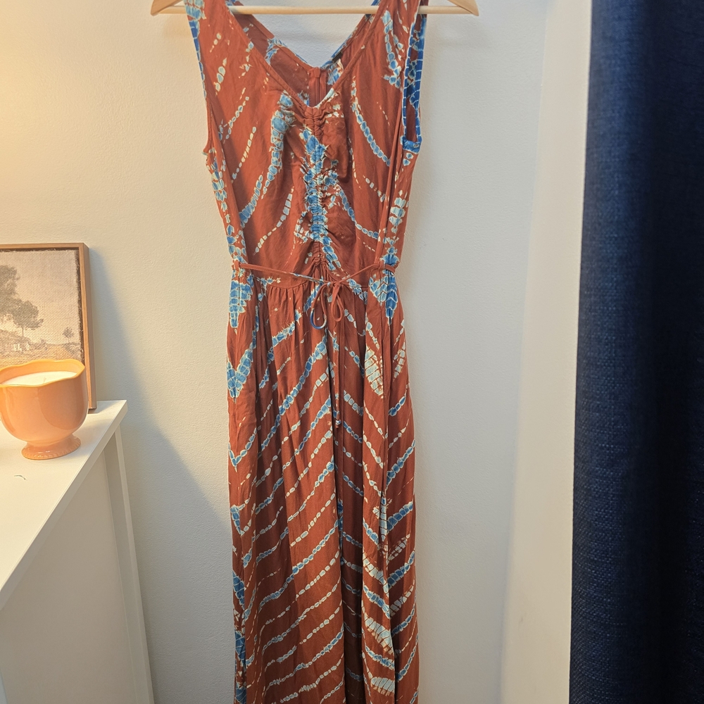 YFB Rust Orange & Teal Maxi Dress with Tie Waist